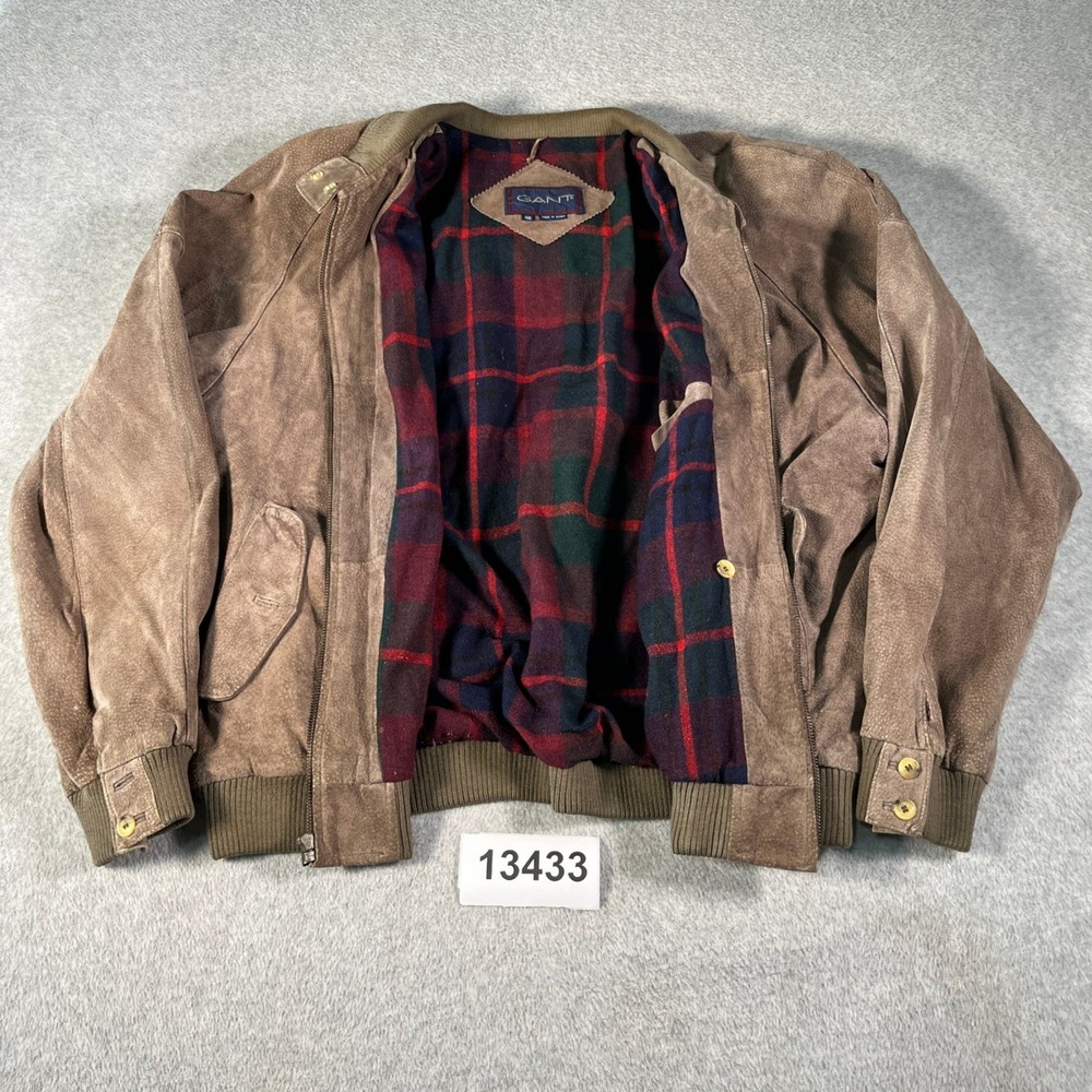 Gant Suede Bomber Jacket Mens 46 Brown Good Vintage Plaid Lined Korea